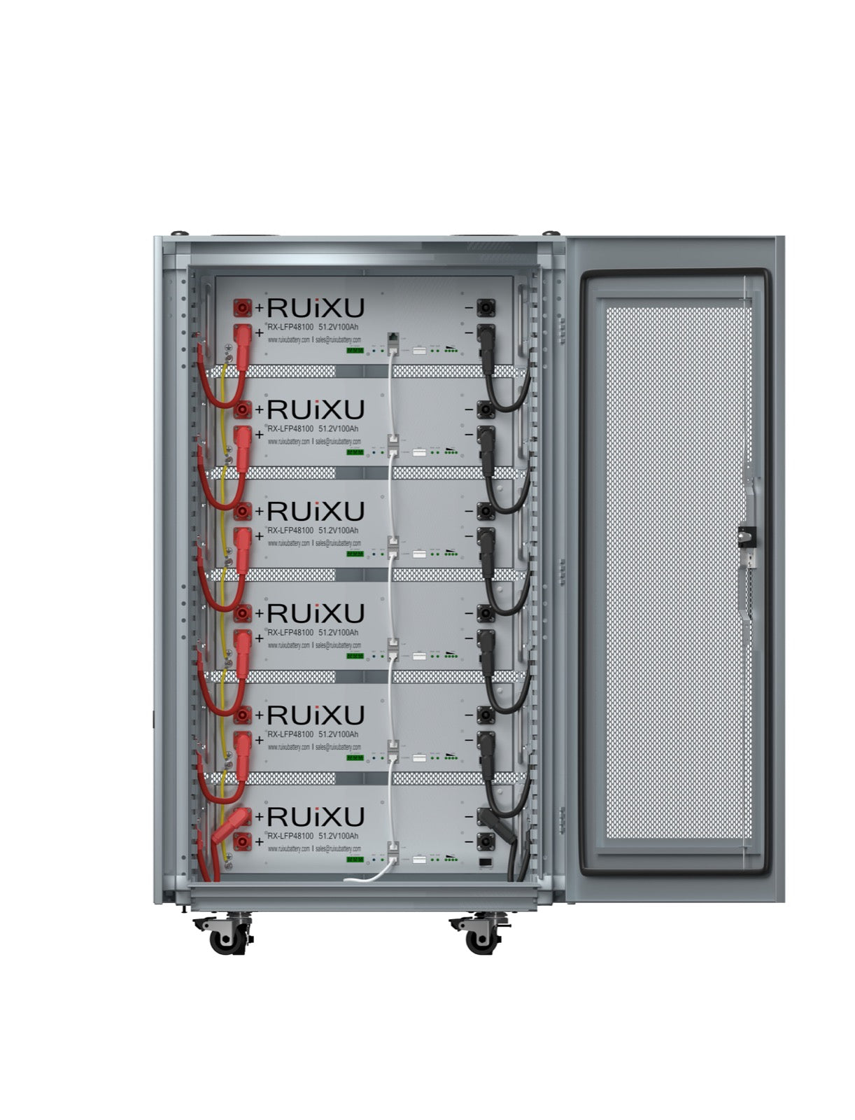 Six RUiXU RX-LFP48100 batteries installed in a battery cabinet; cabinet and additional batteries sold separately