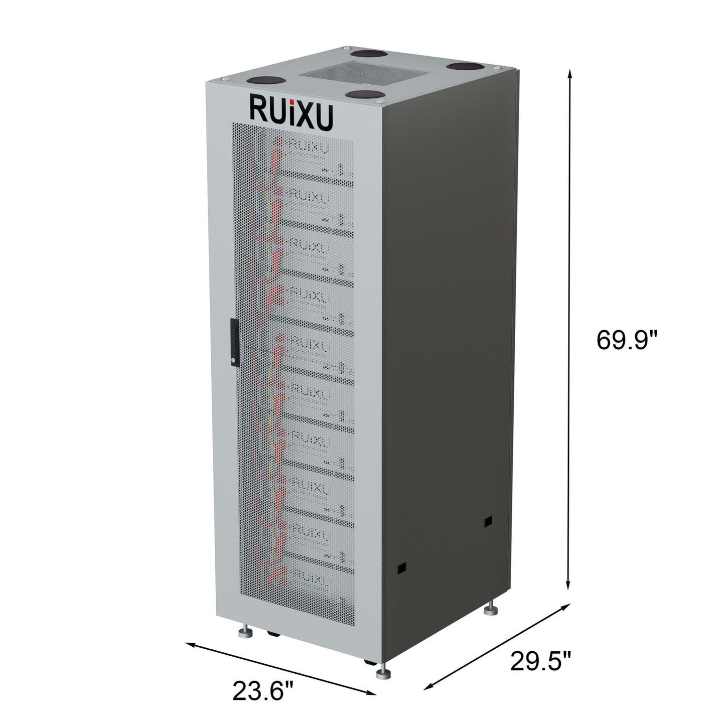 RUiXU RX6075177 10-slot battery cabinet dimensions and internal rack view