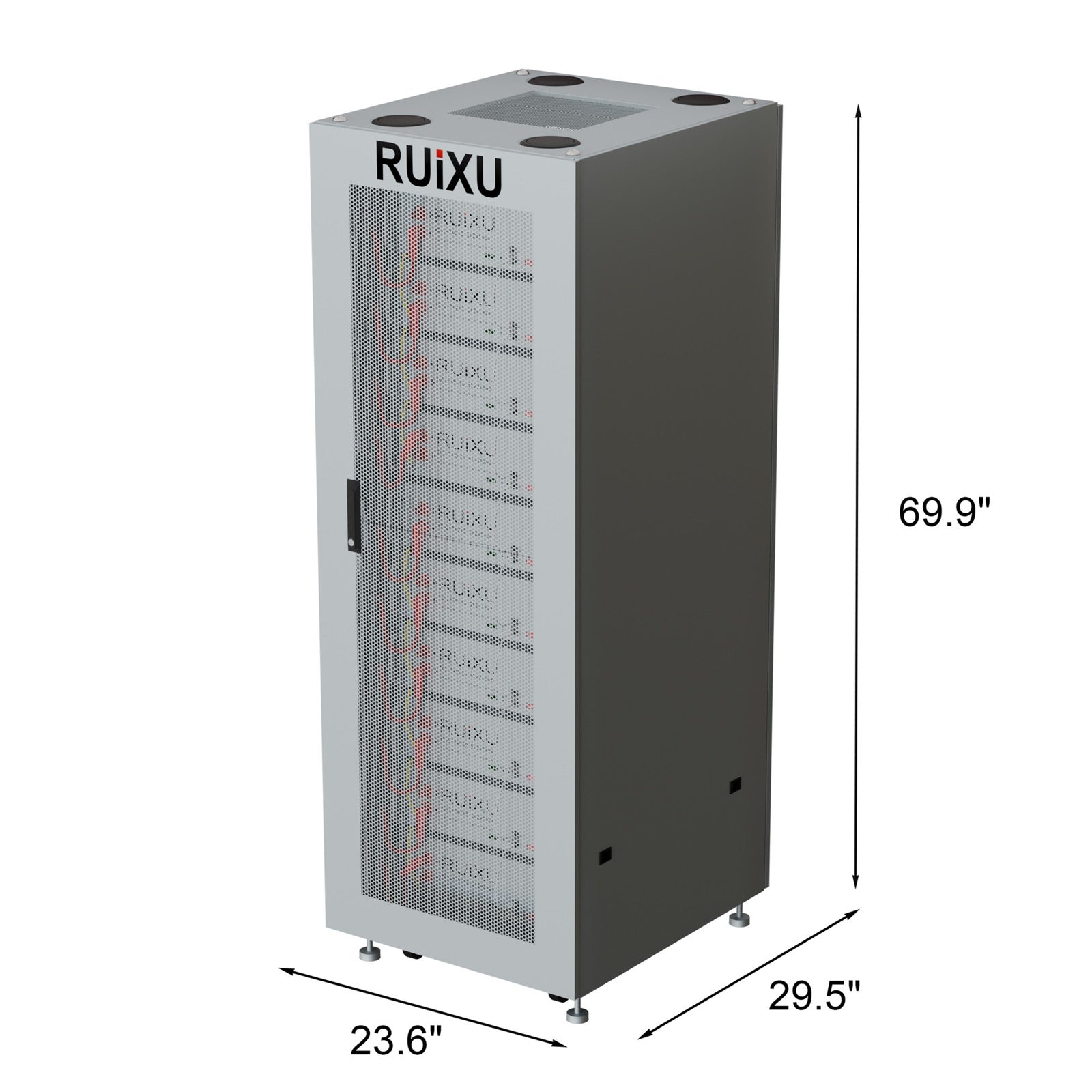 RUiXU RX6075177 10-slot battery cabinet dimensions and internal rack view