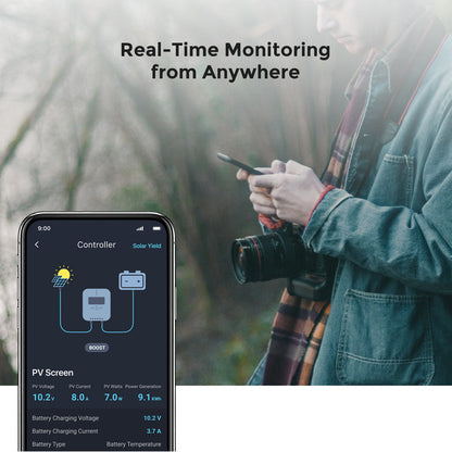 Renogy ONE mobile app screen showing remote solar system monitoring outdoors