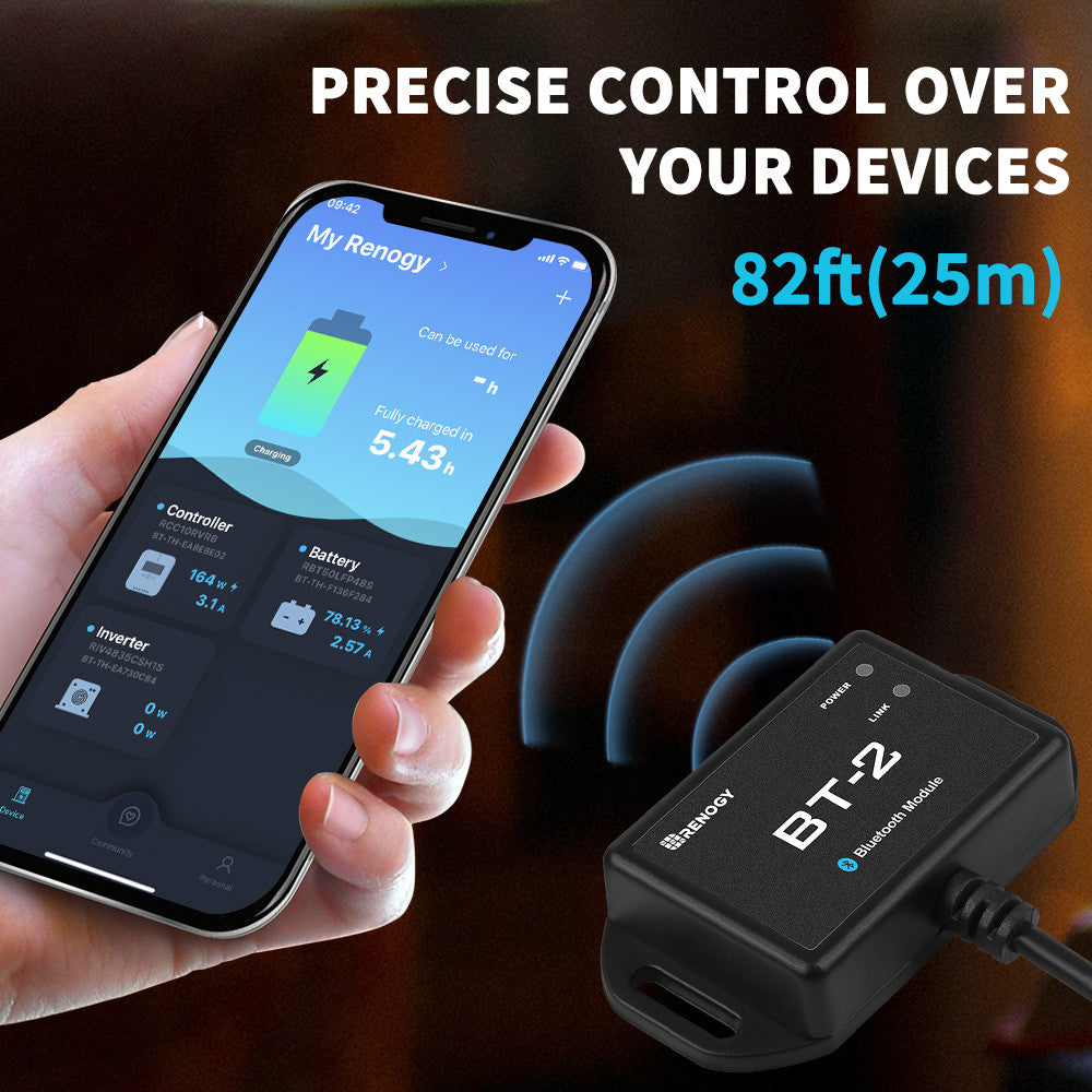 Renogy BT-2 and mobile app graphic showing an 82-foot Bluetooth monitoring range