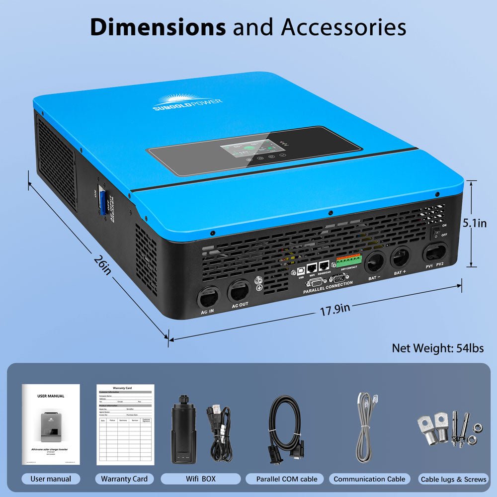 SPH10048P dimensions and included Wi-Fi box, cables, lugs, screws, manual, and warranty card