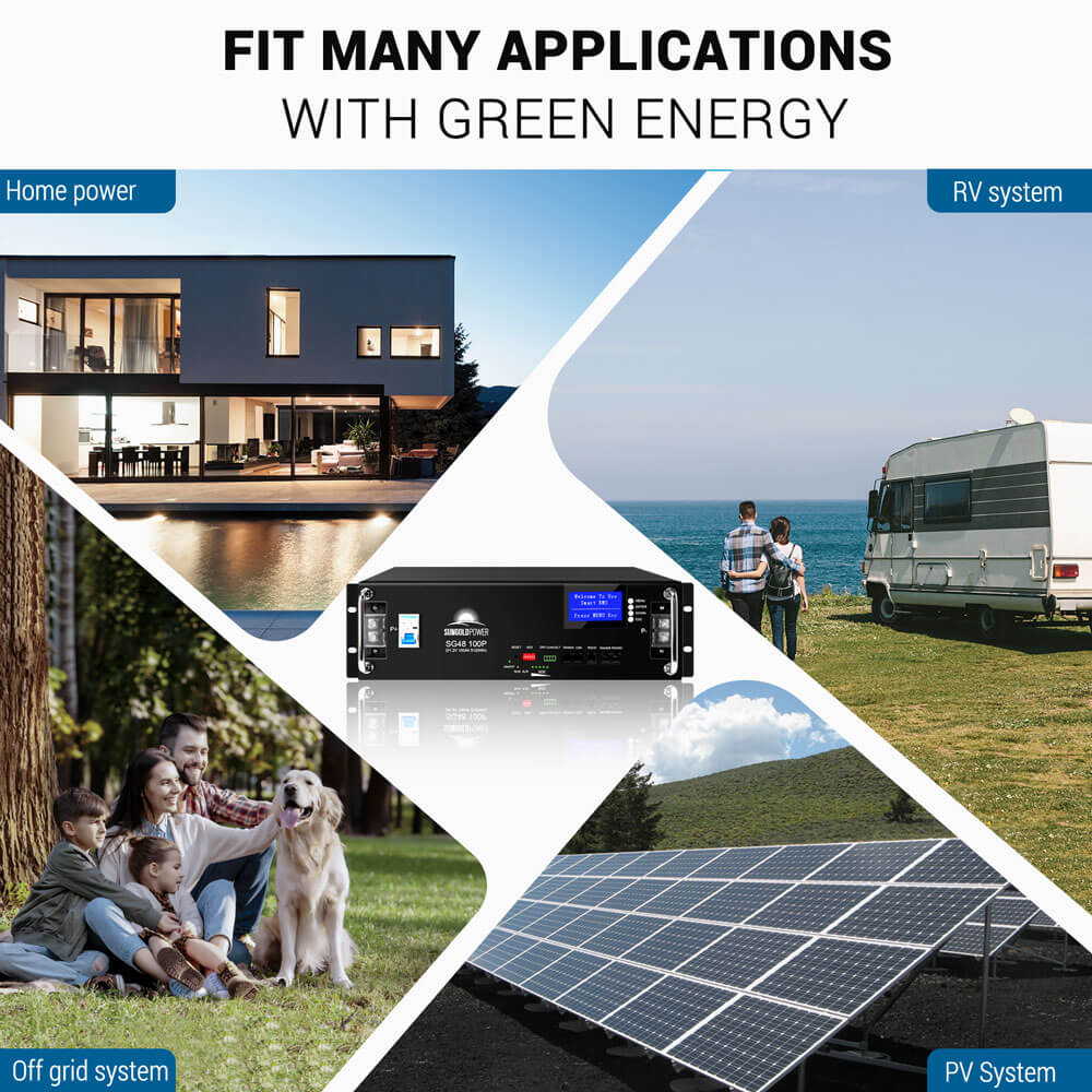 SG48100P rack battery shown for home, RV, off-grid, and solar applications