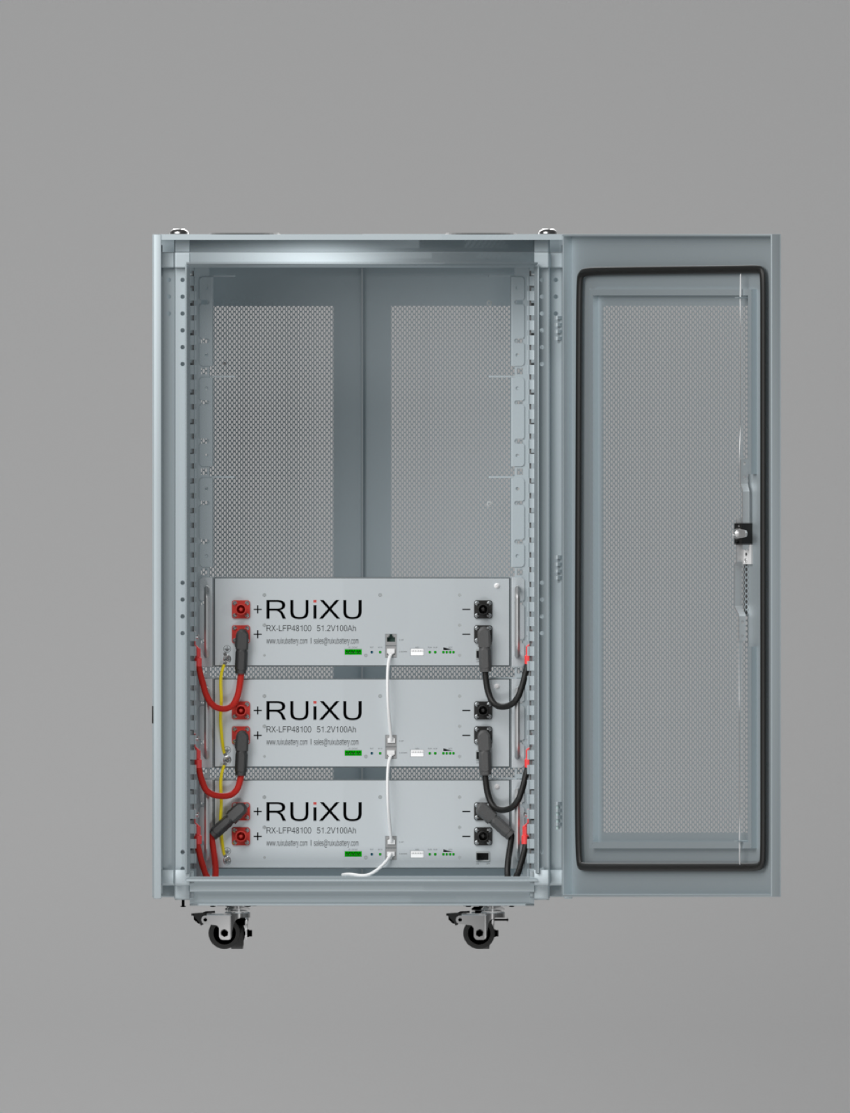 Three RUiXU RX-LFP48100 batteries installed in a cabinet; cabinet and additional batteries sold separately