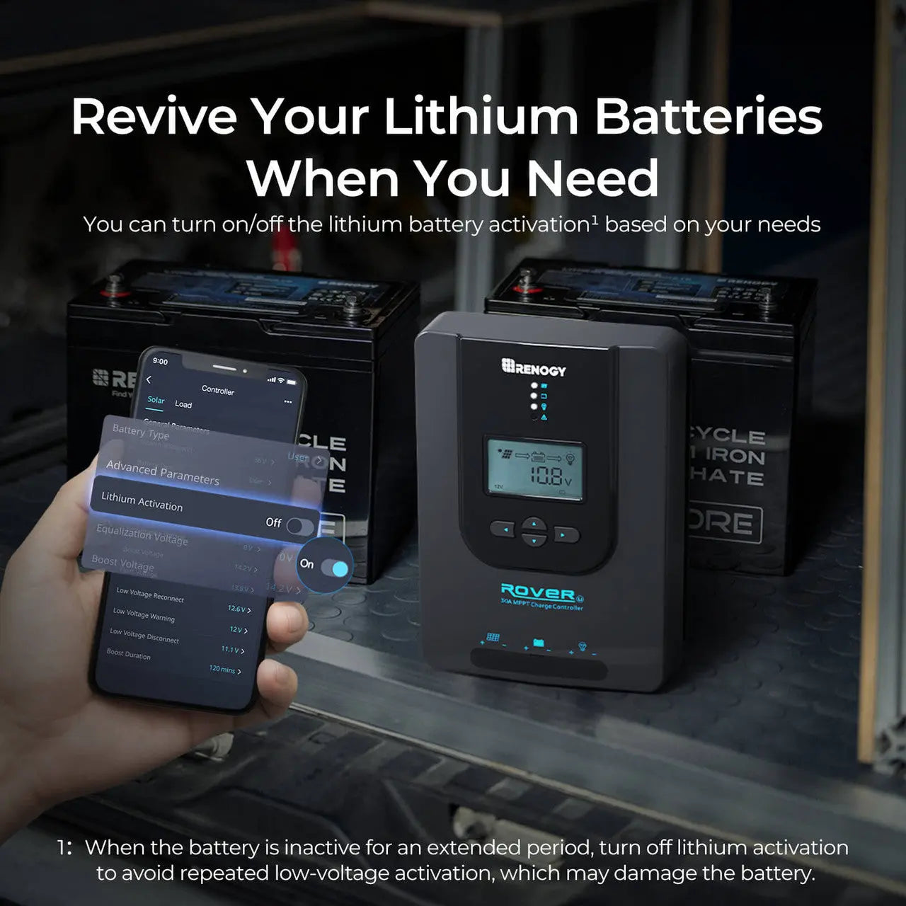 Renogy Rover 30A G3 app screen for switching lithium battery activation on or off