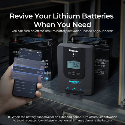 Renogy Rover 30A G3 app screen for switching lithium battery activation on or off