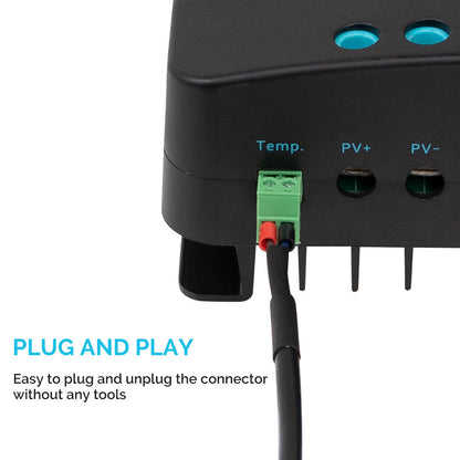 Renogy temperature sensor plugged into the Temp port on a charge controller