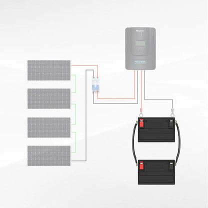 Solar wiring diagram showing Renogy battery interconnect cables between stacked batteries