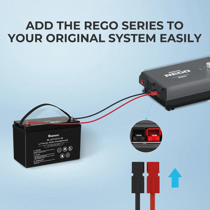 Renogy 6AWG adapter cables connecting a battery to a REGO component