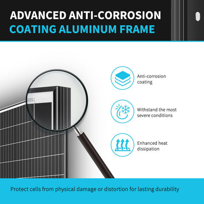 Corrosion-resistant aluminum frame detail on the Renogy 320W solar panel