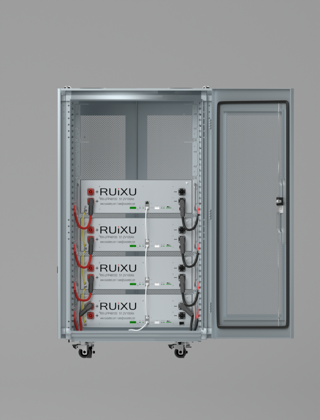 Four RUiXU RX-LFP48100 batteries installed in a cabinet; cabinet and additional batteries sold separately