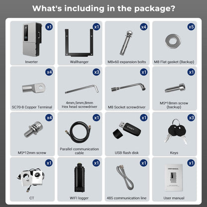 SGS-12K18MAX package contents with wall hanger, CT, Wi-Fi logger, cables, fasteners, keys, and manual