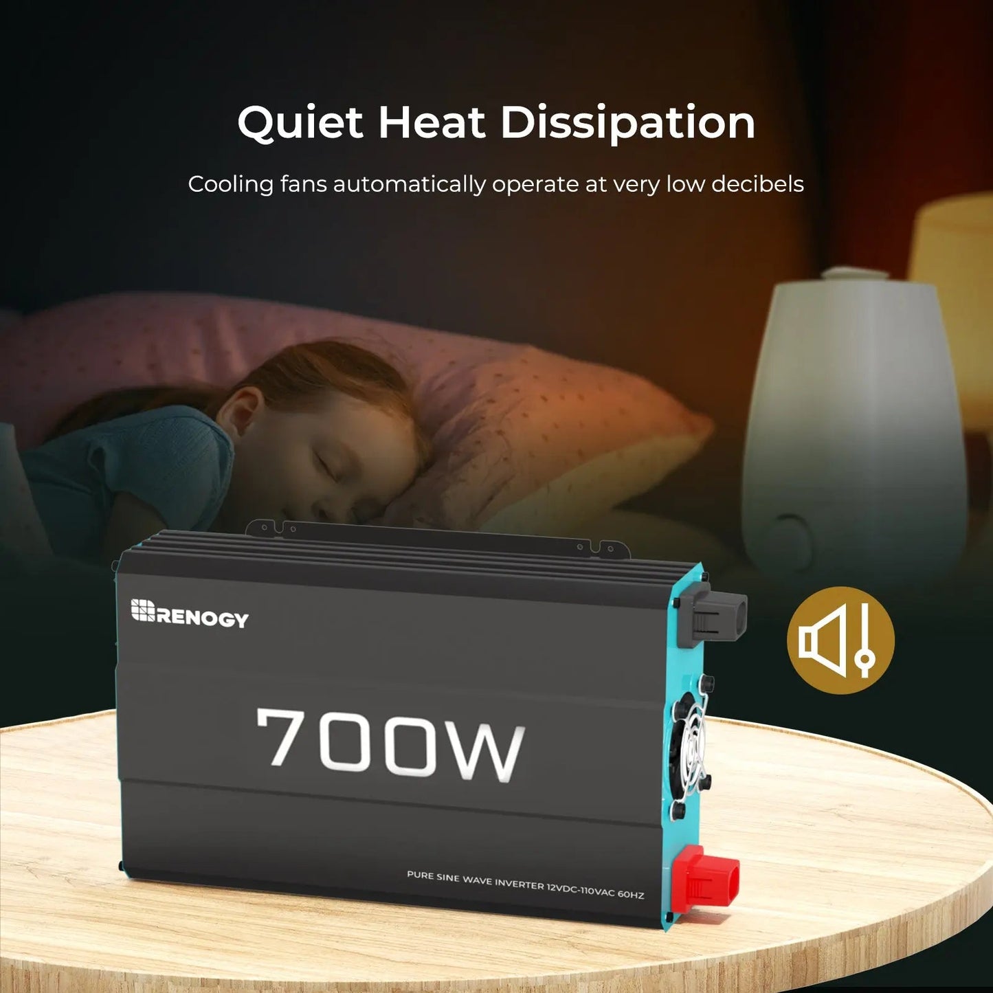 Renogy 700W inverter quiet cooling and heat-dissipation graphic