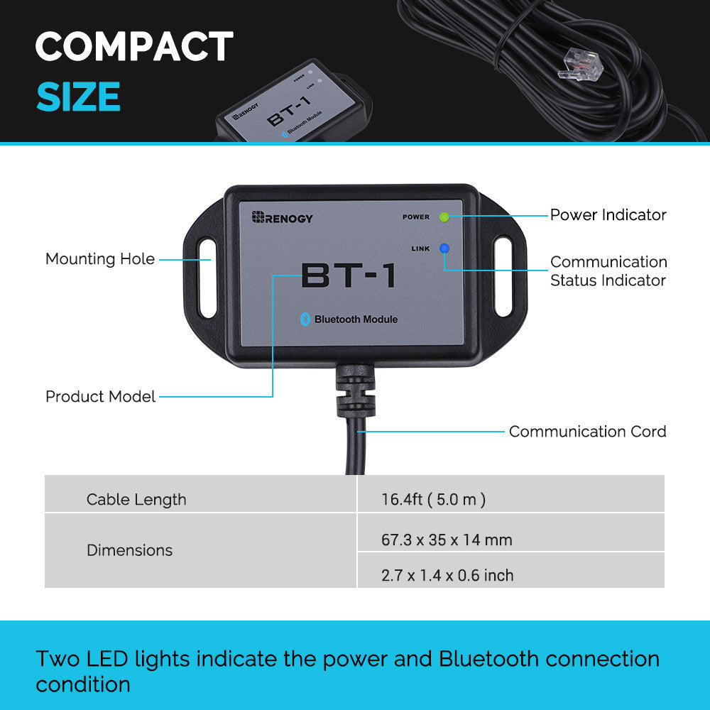 Renogy BT-1 module diagram labeling indicators, mounting holes, cable, and dimensions