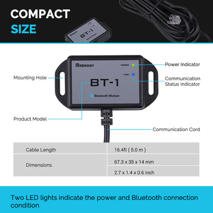Renogy BT-1 module diagram labeling indicators, mounting holes, cable, and dimensions