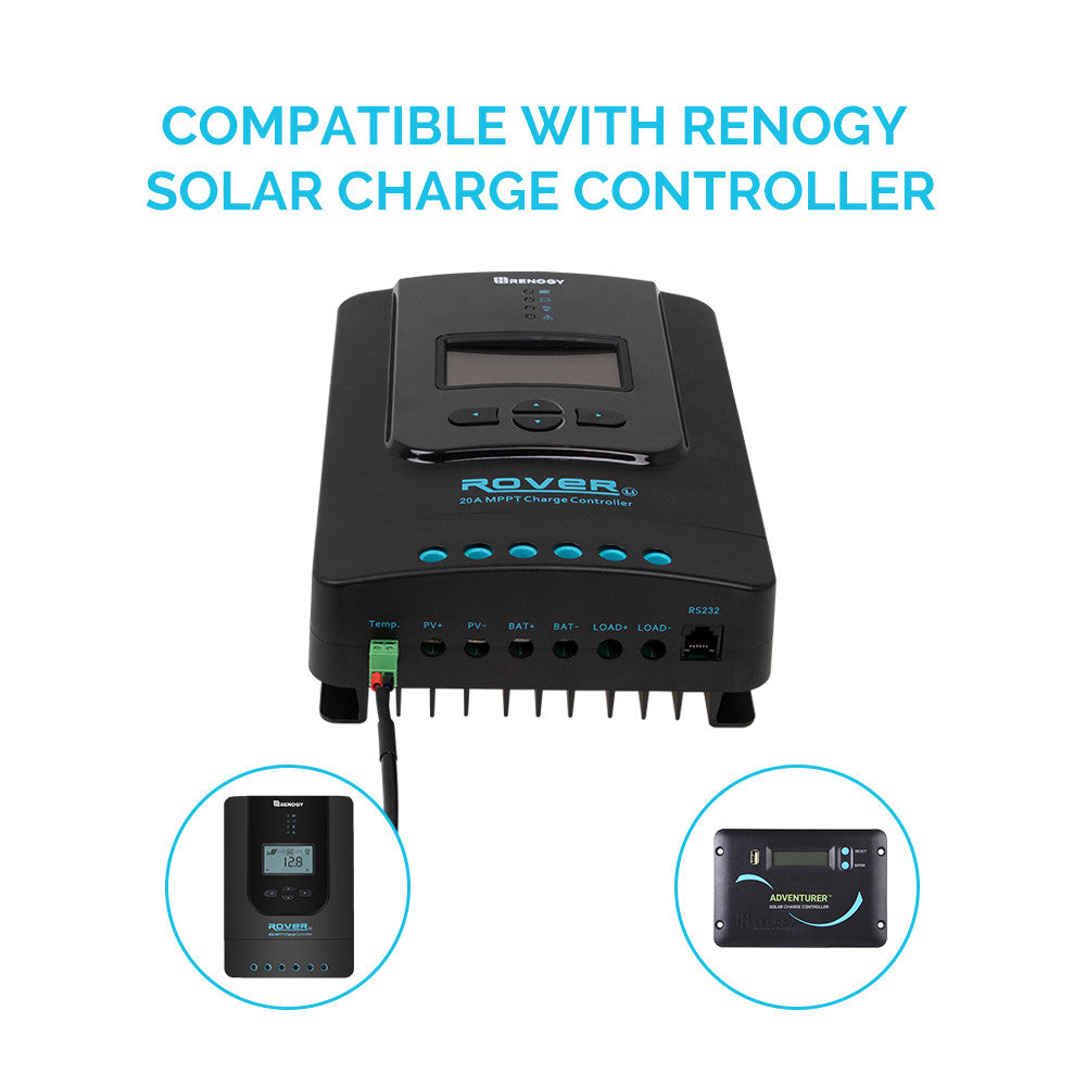 Compatibility graphic for the Renogy temperature sensor and supported charge controllers