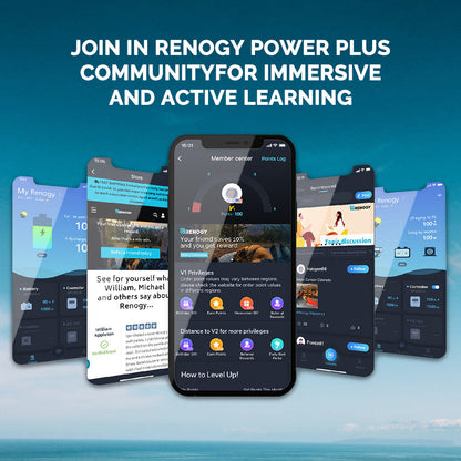 Renogy Power Plus community and monitoring screens displayed across mobile devices