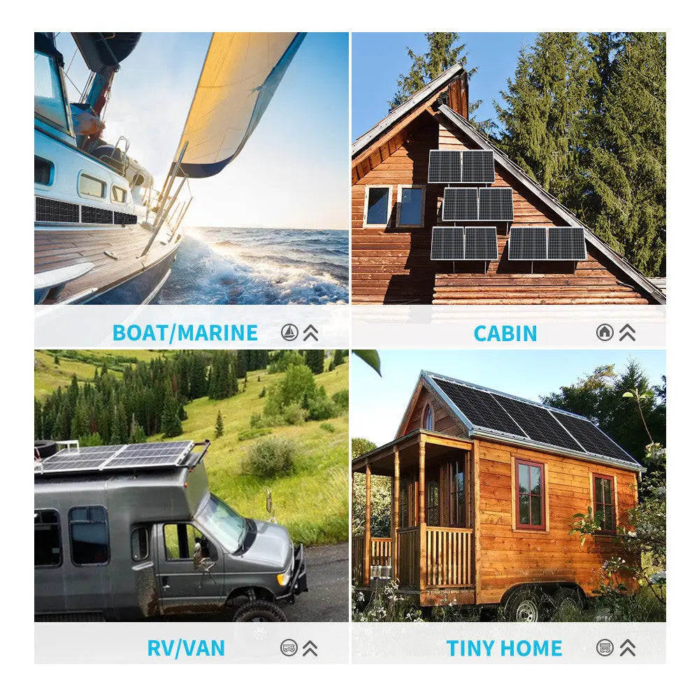 Renogy compact 50W panel applications on a boat, cabin, van, and tiny home