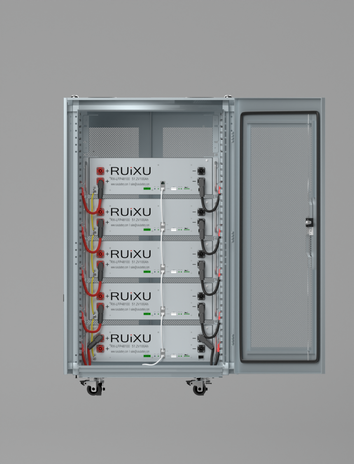 Five RUiXU RX-LFP48100 batteries installed in a cabinet; cabinet and additional batteries sold separately