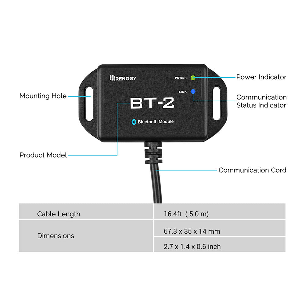 Renogy BT-2 module diagram labeling indicators, mounting holes, cable, and dimensions