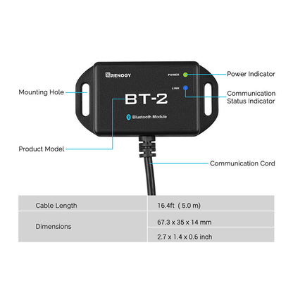 Renogy BT-2 module diagram labeling indicators, mounting holes, cable, and dimensions