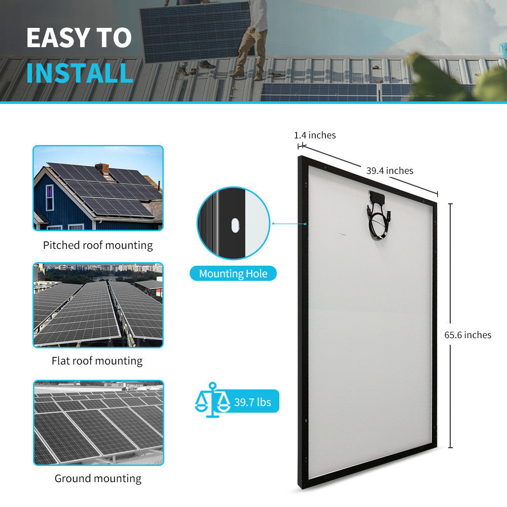 Renogy 320W solar panel dimensions, weight, and mounting options