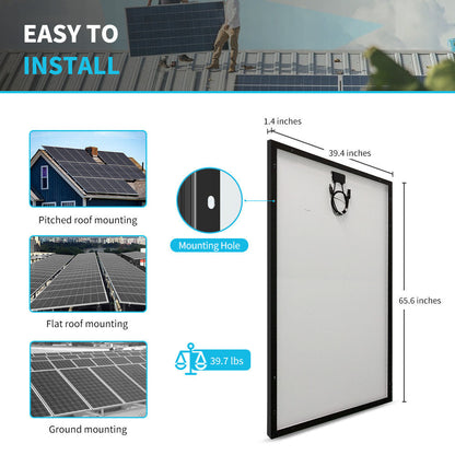 Renogy 320W solar panel dimensions, weight, and mounting options