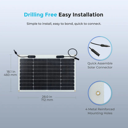 Renogy 50W flexible panel dimensions, connectors, and reinforced mounting holes