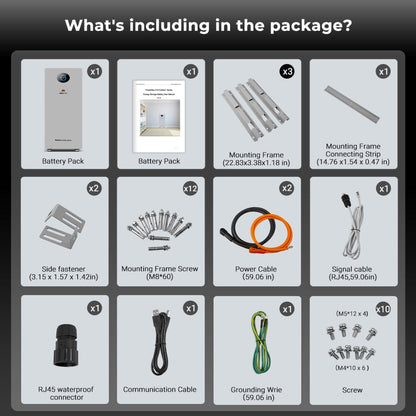 PowerMax 314 Outdoor package contents with mounting frame, cables, fasteners, and manual