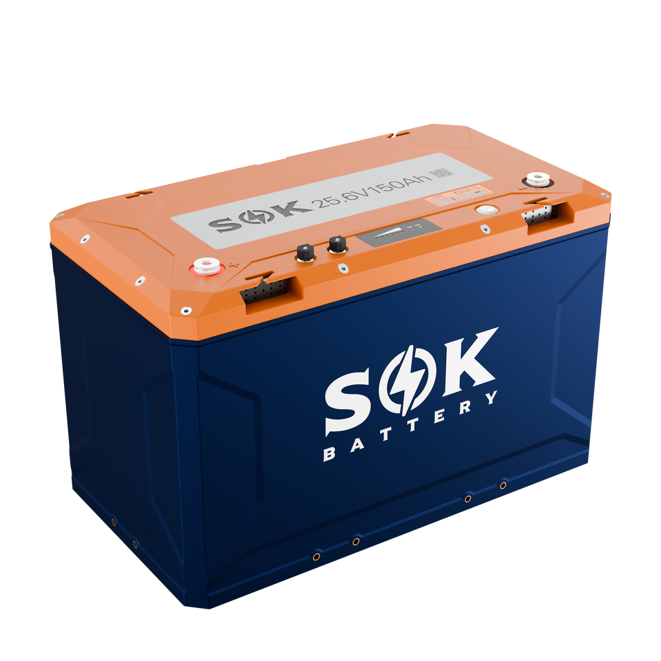 Angled view of SOK 24V 150Ah marine lithium battery showing communication ports and terminals