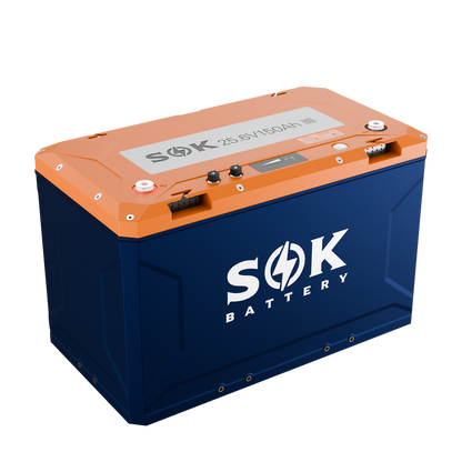 Angled view of SOK 24V 150Ah marine lithium battery showing communication ports and terminals