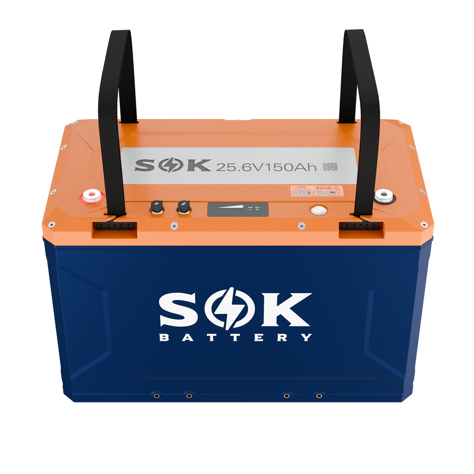 Front view of SOK SK24V150PH battery with lifting handles and smart BMS interface