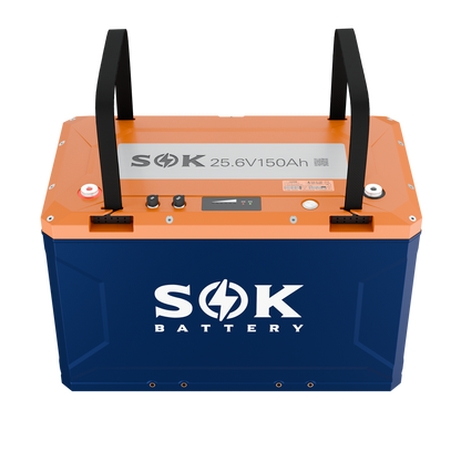 Front view of SOK SK24V150PH battery with lifting handles and smart BMS interface