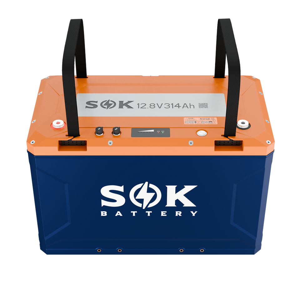Angled view of the SOK SK12V314PH 12V 314Ah battery with rugged PC+ABS marine enclosure