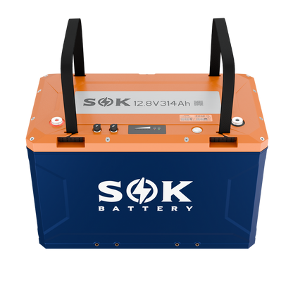 Angled view of the SOK SK12V314PH 12V 314Ah battery with rugged PC+ABS marine enclosure