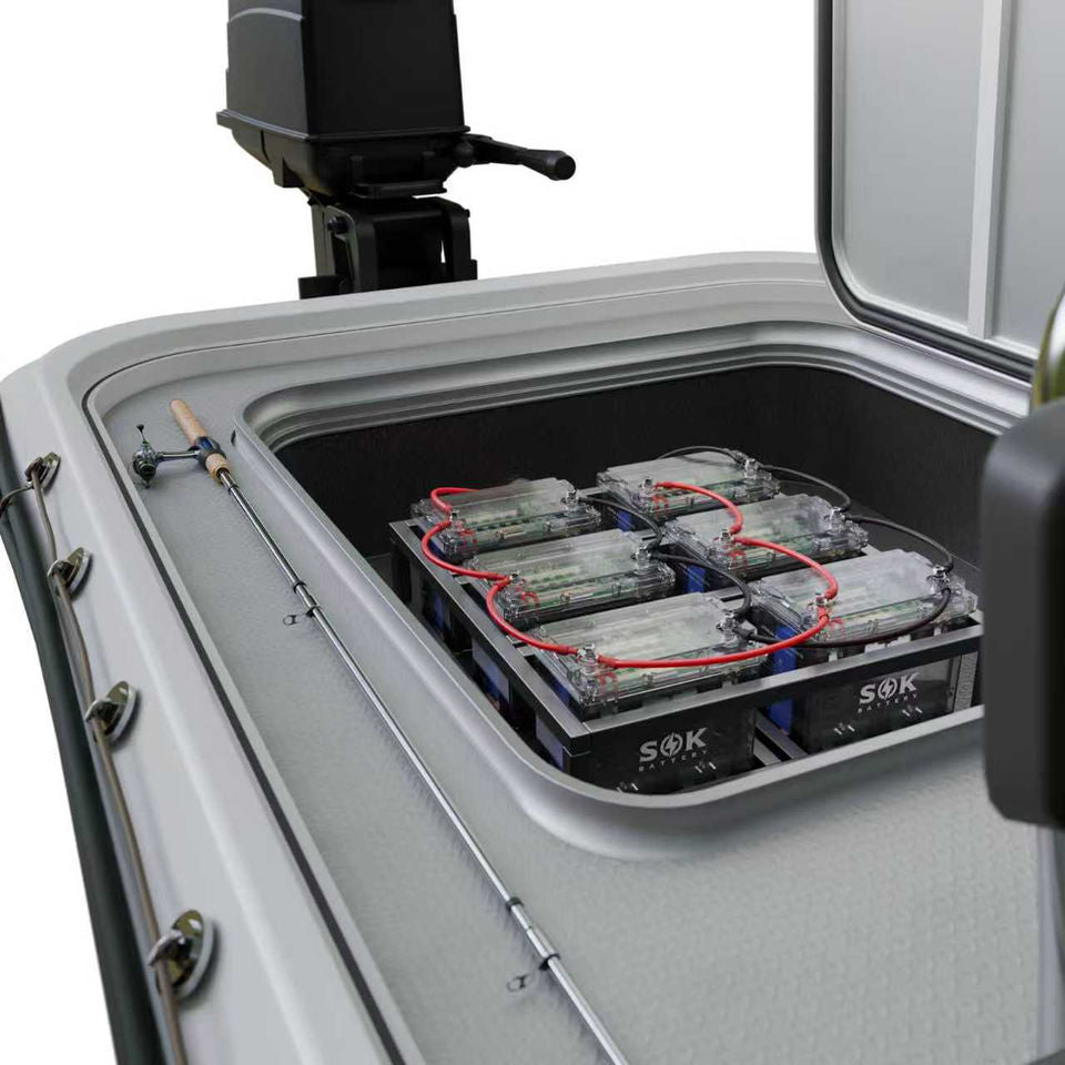 Six SOK SK12V100PC batteries installed in a marine battery-bank example
