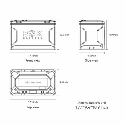 Technical dimension drawing of SOK SK24V150PH battery showing height, width, and installation size