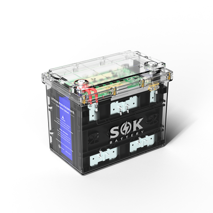 SOK SK12V100PC clear-case Group 24 LiFePO4 battery angled product view