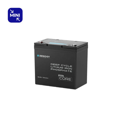 Single Renogy 12.8V 100Ah Core Mini lithium battery on a white background