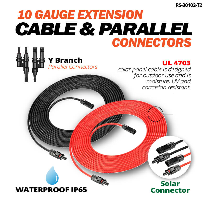 Feature graphic for RICH SOLAR 10AWG extension cables and IP65 Y-branch parallel connectors