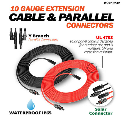 Feature graphic for RICH SOLAR 10AWG extension cables and IP65 Y-branch parallel connectors