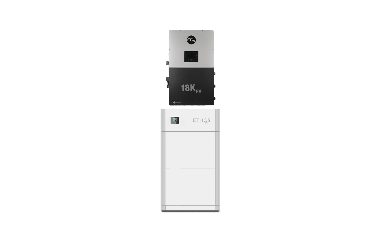 BigBattery ETHOS 10.24kWh Grid-Tied Battery & Inverter Kit — 2 ETHOS Batteries + 1 EG4 18kPV Hybrid Inverter — included components layout