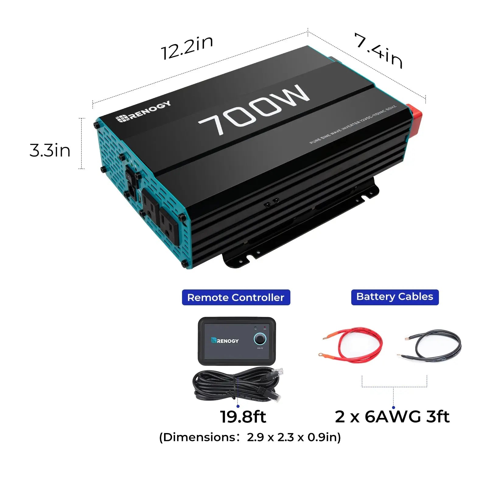Renogy 700W inverter dimensions with remote controller and battery cables
