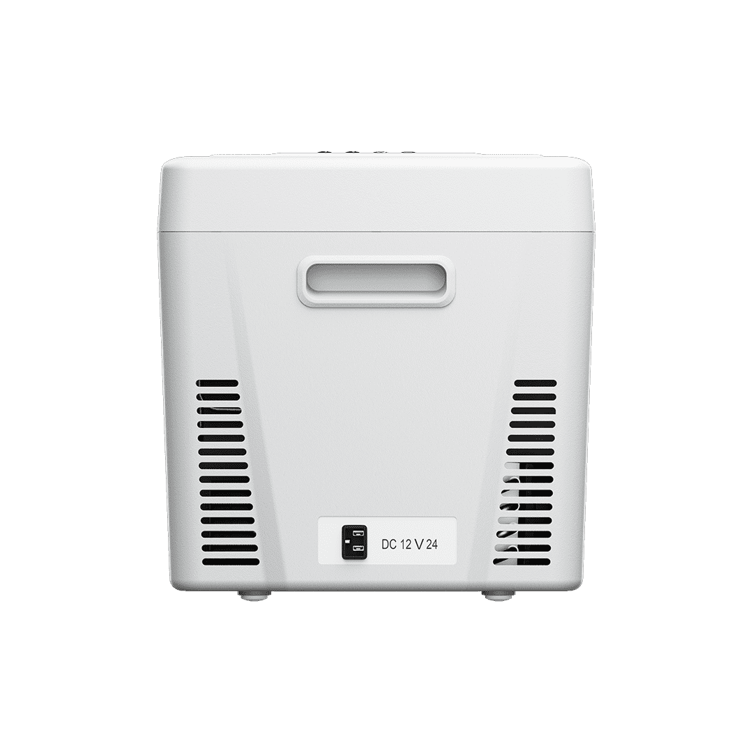 Rear view of the BougeRV 23-quart fridge showing ventilation and 12V/24V DC input