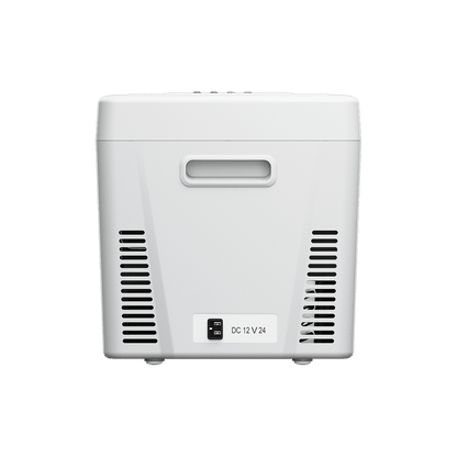 Rear view of the BougeRV 23-quart fridge showing ventilation and 12V/24V DC input