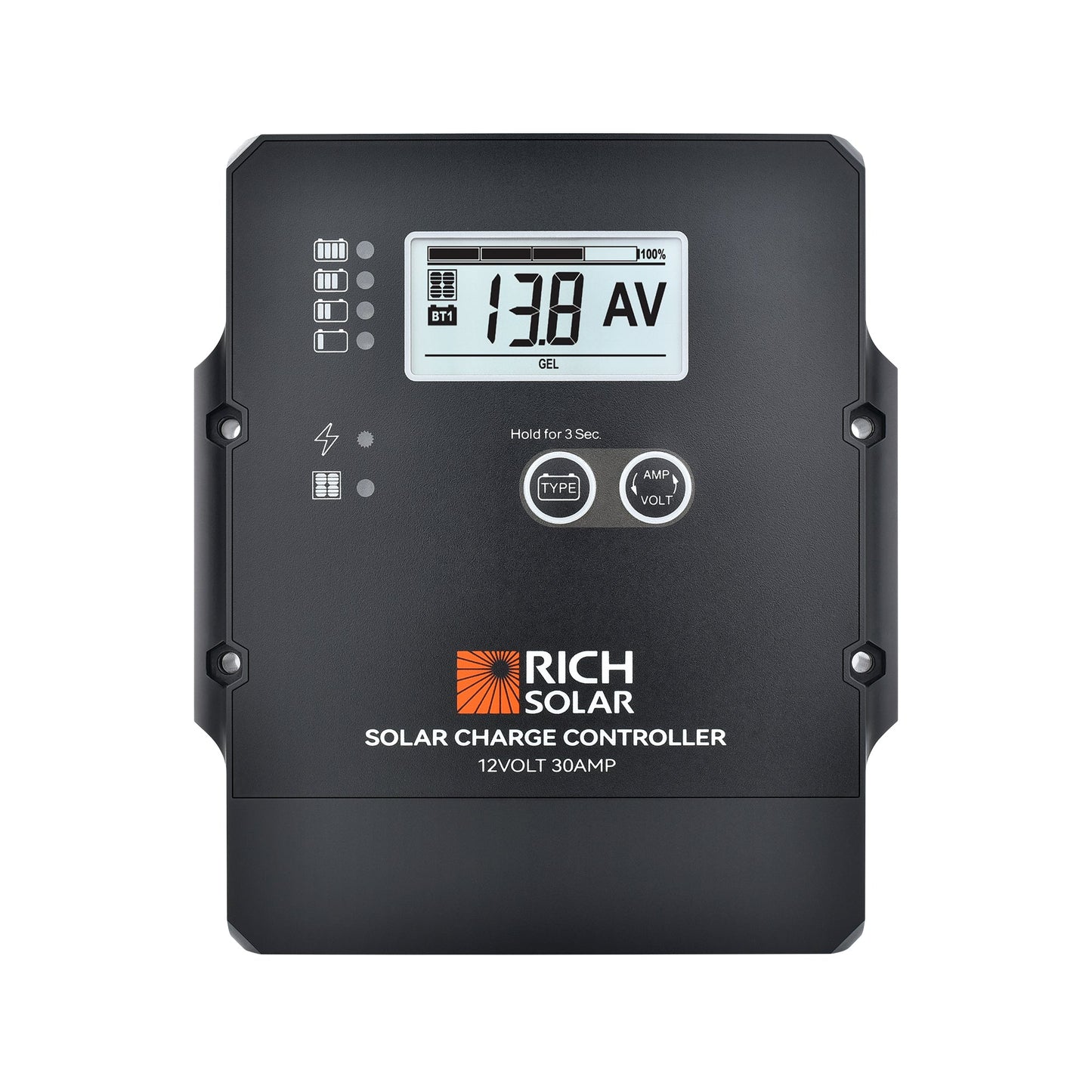 Front view of the RICH SOLAR 12V 30A PWM controller with LCD showing 13.8 volts