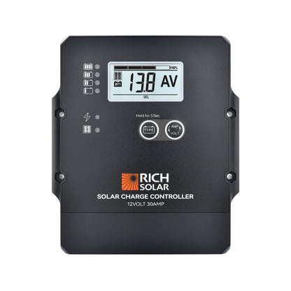 Front view of the RICH SOLAR 12V 30A PWM controller with LCD showing 13.8 volts