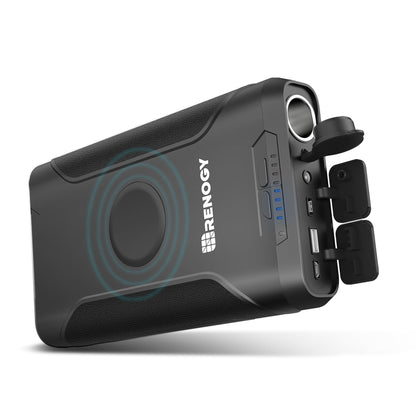 Renogy 72,000mAh power bank angled to show its wireless pad and ports