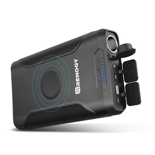 Renogy 72,000mAh power bank angled to show its wireless pad and ports