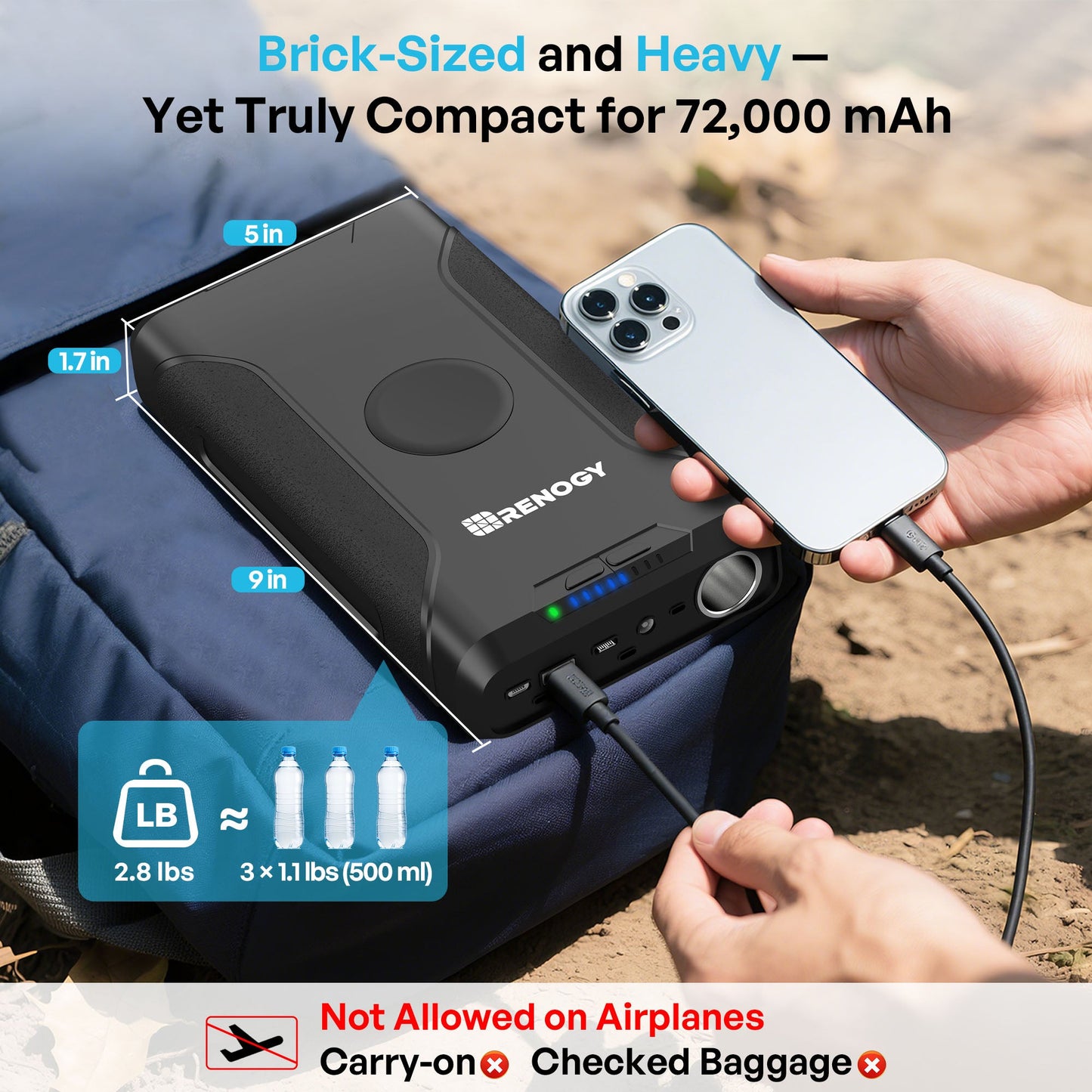 Renogy 72,000mAh power bank dimensions and weight beside a phone
